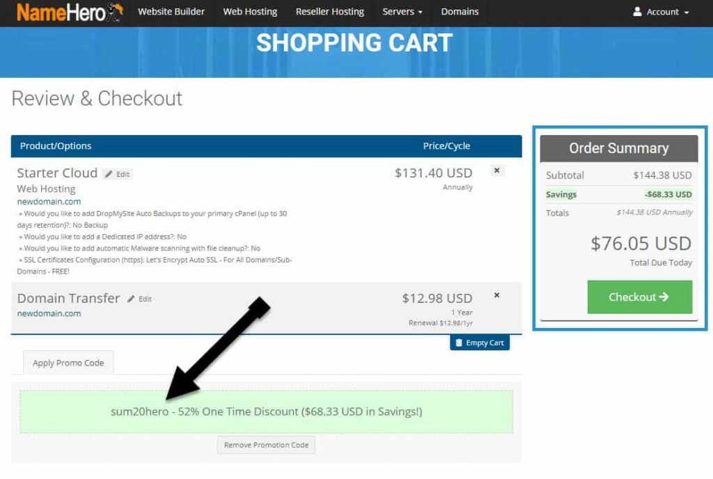 NameHero Coupon Applied