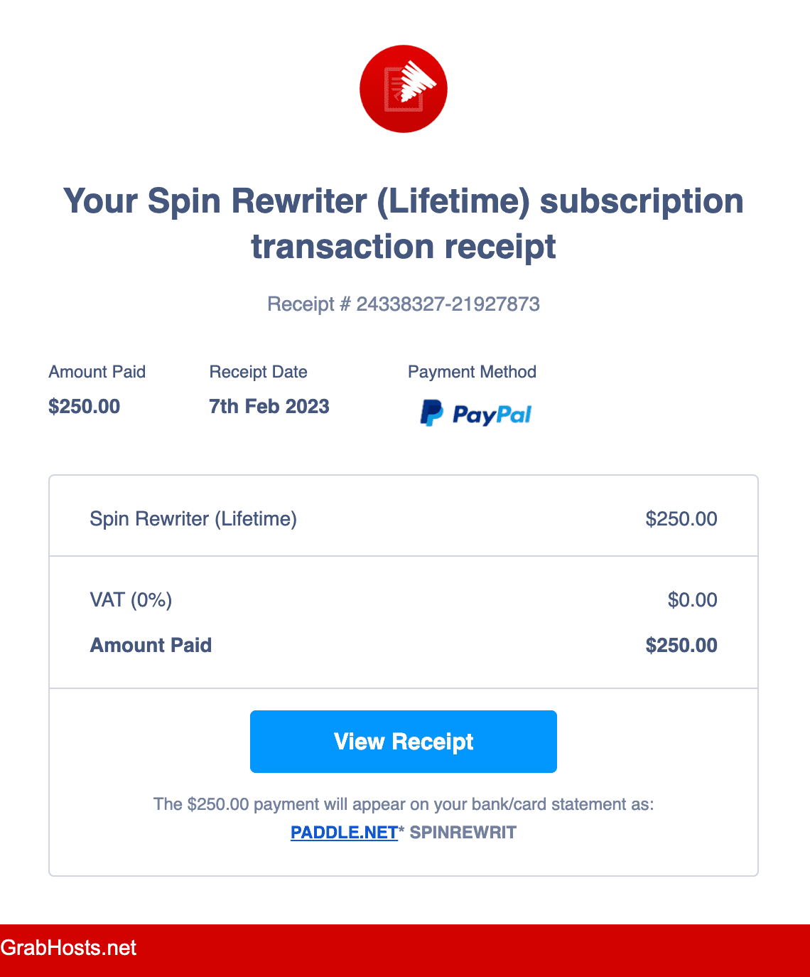 Spin Rewriter Purchase Receipt
