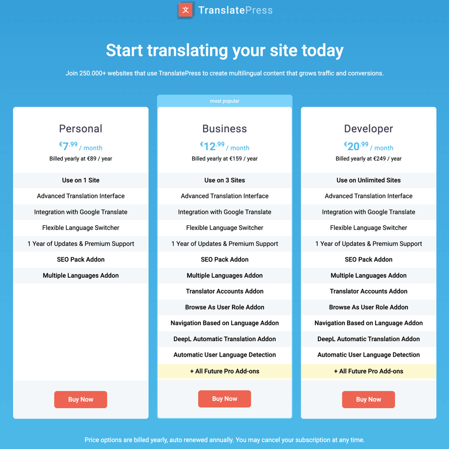 Choose TranslatePress Plan