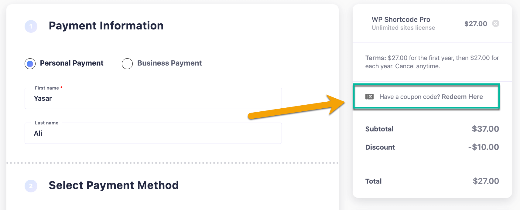 Applying WP Shortcode Pro Coupon