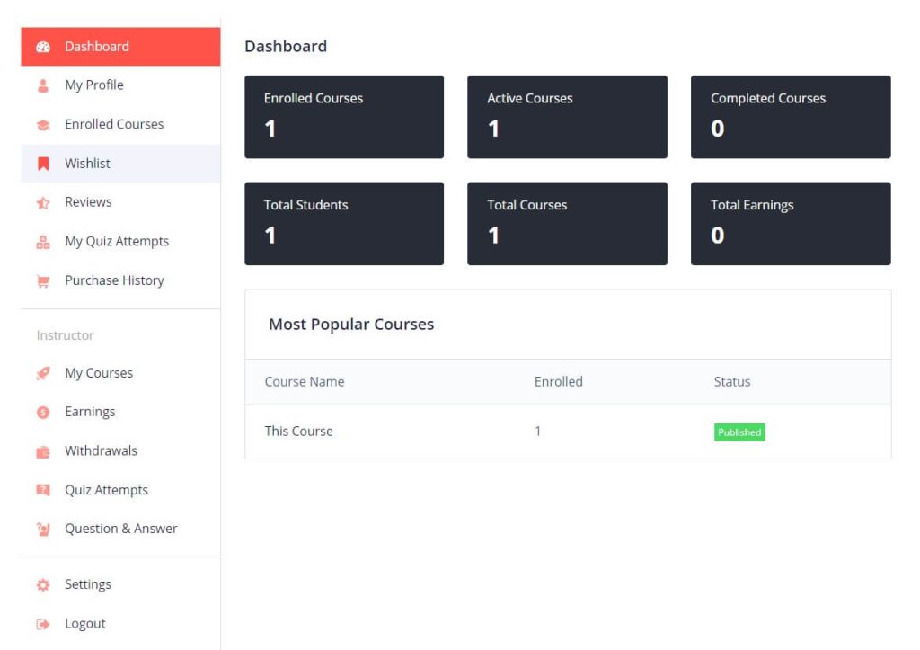 Tutor LMS Free Dashboard