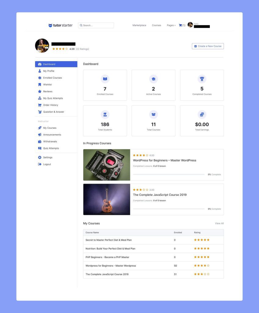 Tutor LMS Pro Frontend Dashboard