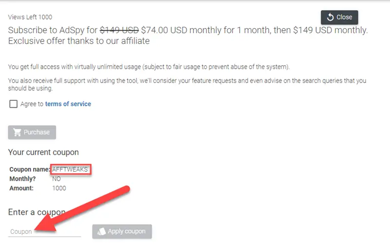 AdSpy Coupon Applied