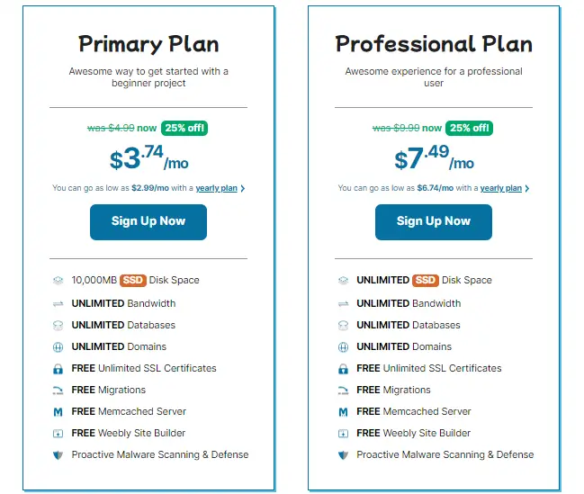HawkHost Shared Hosting Pricing