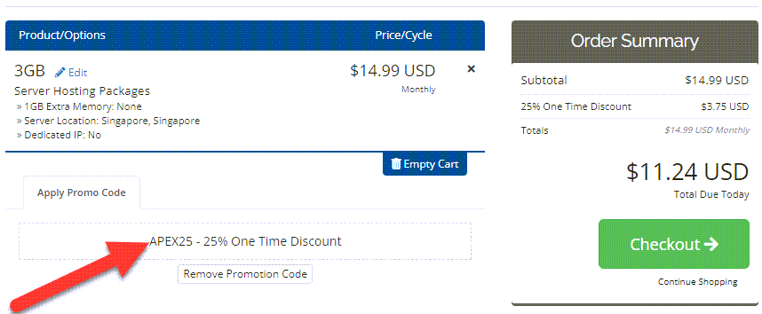 Apex Hosting Coupon Applied