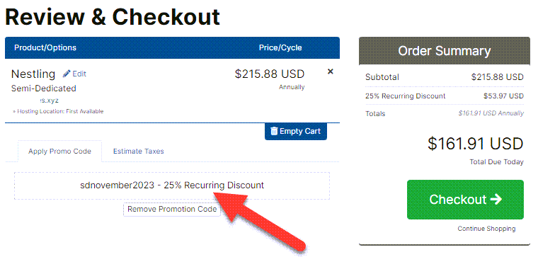 HawkHost Semi-dedicated Hosting Discount Applied