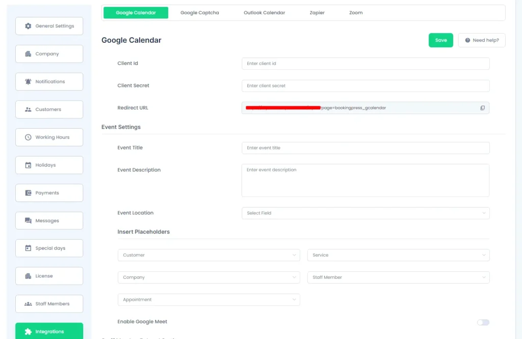 Integrate Google Calender
