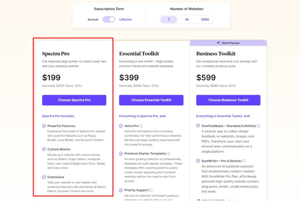 Spectra Lifetime Pricing Plans