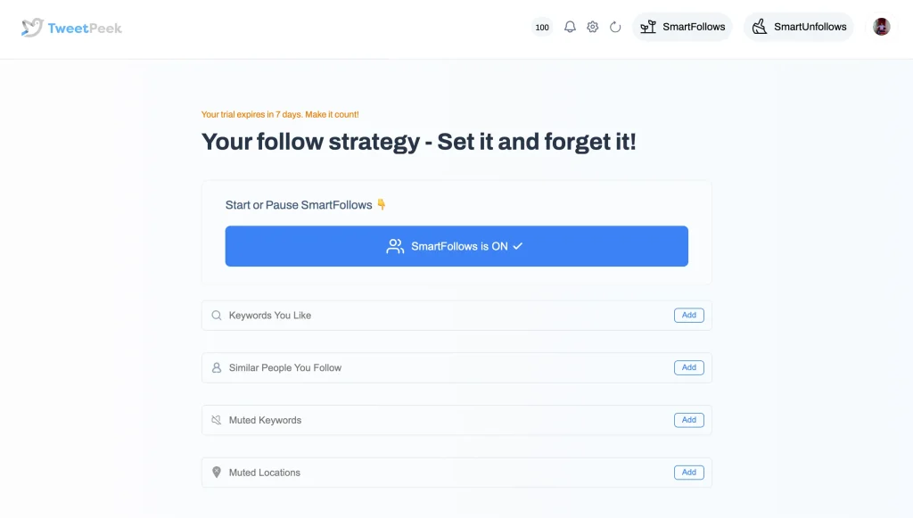 Tweetpeak Smartfollows start