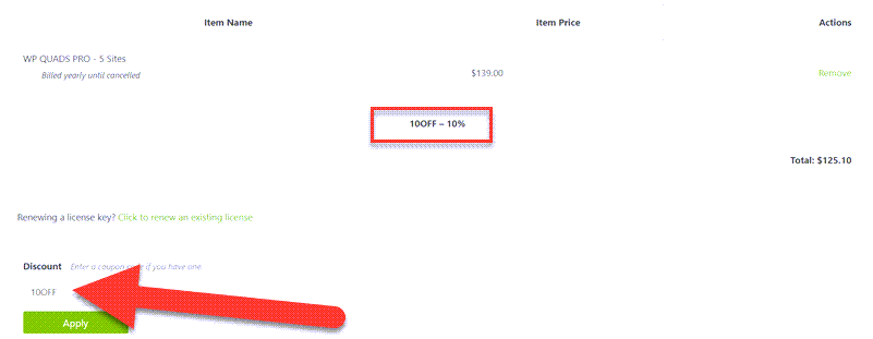 WP Quads Coupon Applied