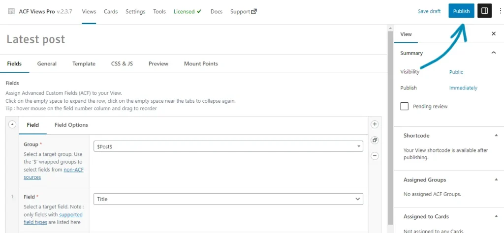 After saving and publishing, click on the Publish button