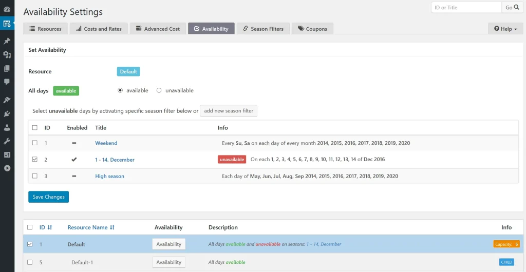 Availability settings