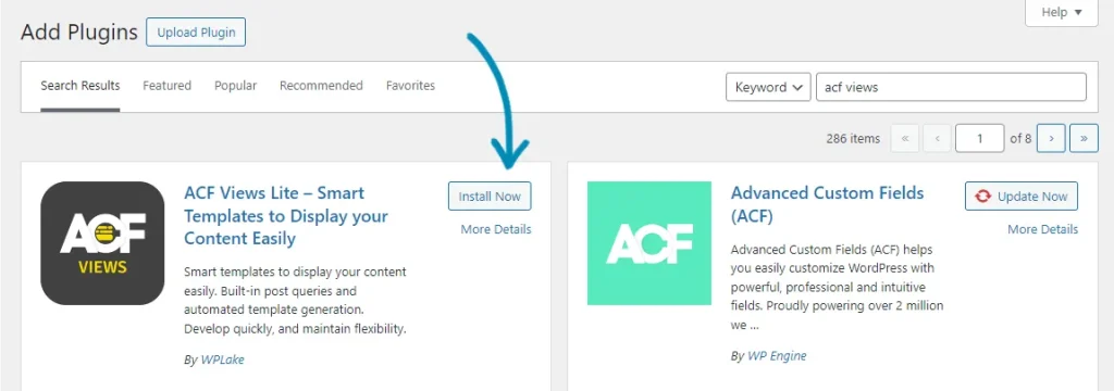 Click on Install Now to add ACF plugin
