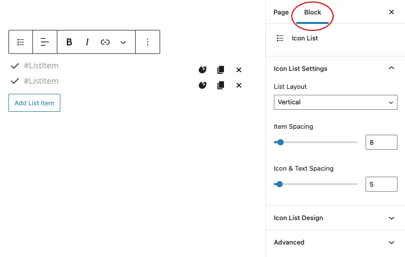 Editing the Blockons block settings