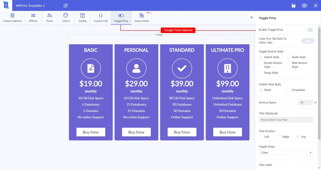 Enable Toggle Price
