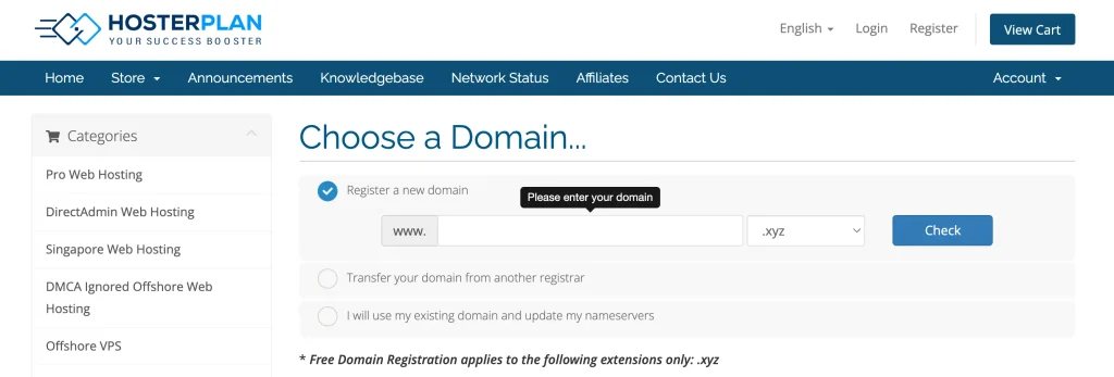 Register a domain with Hosterplan
