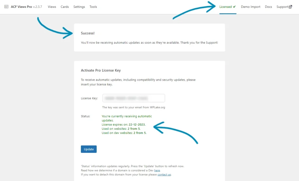 Your Advanced Views Pro is successfully activated