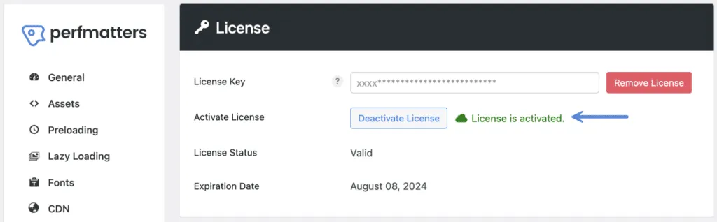 perfmatters license activated